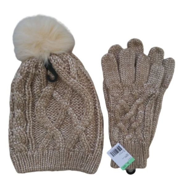 Sears Accessories - Sears Shiny Cable Pom-Pom Hat & Gloves Set OSFM